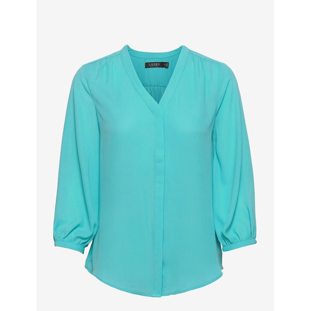 Lauren Ralph Lauren Pleated Georgette Top Long sleeved blouses Shirt‎ Blue Small